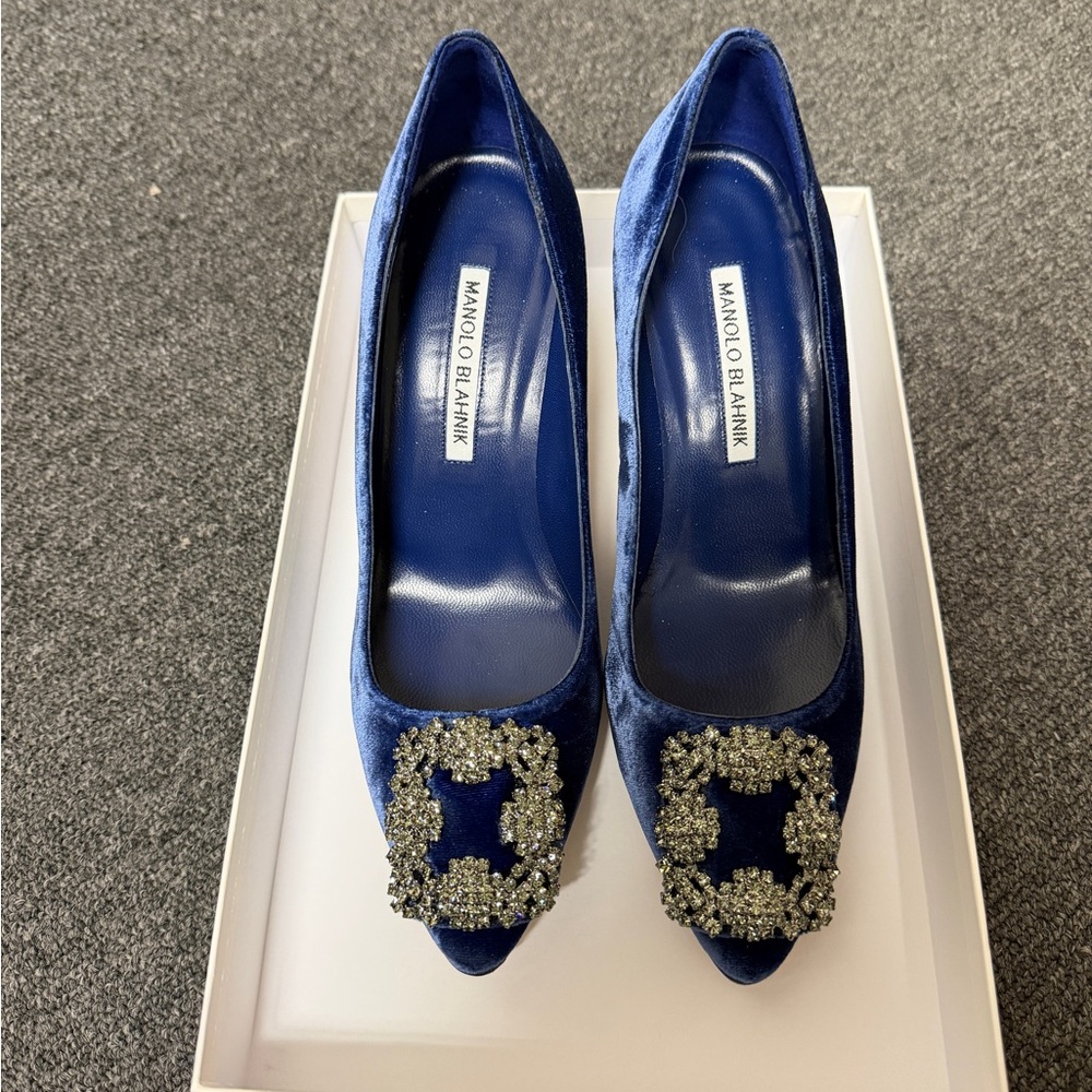 Manolo Blahnik Hangisi Royal Blue Velvet Heels with Embellished Buckle
